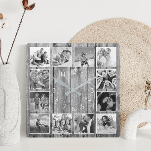 Modern Farmhouse Family Rustic Photo Collage Square Wall Clock