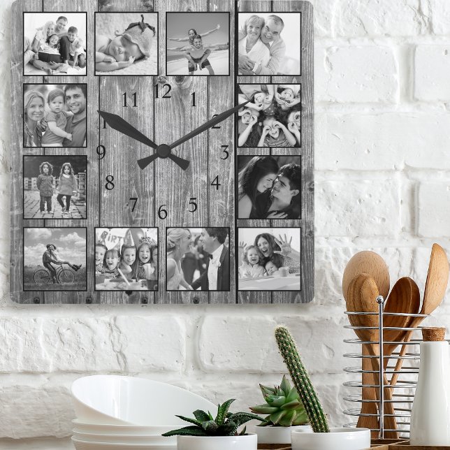 Modern Farmhouse Family Rustic Photo Collage Square Wall Clock (Creator Uploaded)