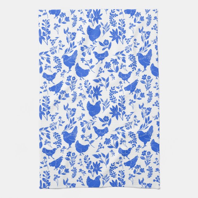 Modern Farmhouse Folk Art Chickens & Botanicals Tea Towel (Vertical)