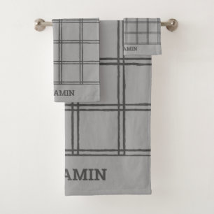 Modern Farmhouse Grey Plaid Lines Personalised Bath Towel Set