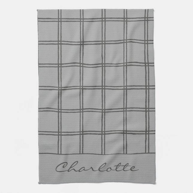 Modern Farmhouse Grey Plaid Personalised Rustic Tea Towel (Vertical)