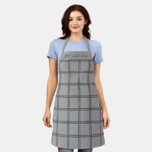 Modern Farmhouse Grey Plaid Personalised Script Apron
