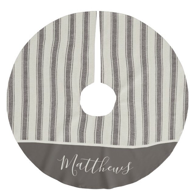 Modern Farmhouse Grey Ticking Christmas  Brushed Polyester Tree Skirt (Front)