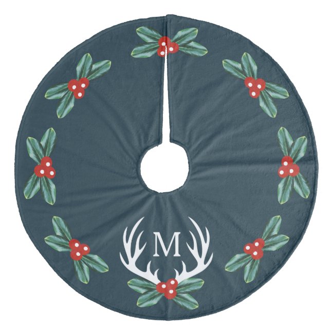 Modern Farmhouse Holiday Deer Antlers Holly Berry Fleece Tree Skirt (Front)