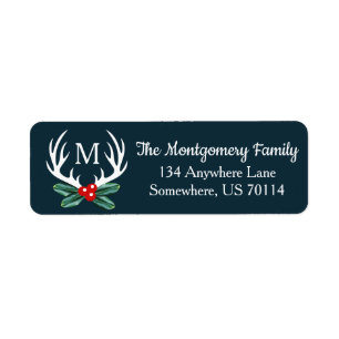 Modern Farmhouse Holiday Deer Antlers Holly Berry Return Address Label
