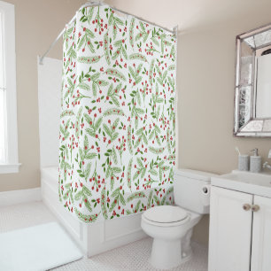 MODERN FARMHOUSE HOLIDAY GREENS AND BERRIES SHOWER CURTAIN
