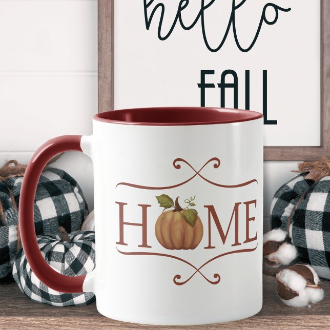 Modern Farmhouse "Home" Cosy Autumn Mug (HOME rustic coffee mug with a pumpkin for the O in HOME.)