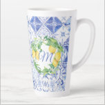 Modern Farmhouse Lemon Blue Mediterranean Tile Latte Mug<br><div class="desc">Upscale, elegant vintage farmhouse style latte mug with fresh, yellow, blue and white colour palette will help you wake up in the mornings! Created from hand painted artwork by internationally licensed artist and designer, Audrey Jeanne Roberts that is printed onto these very high quality mugs for a lifetime of enjoyment....</div>