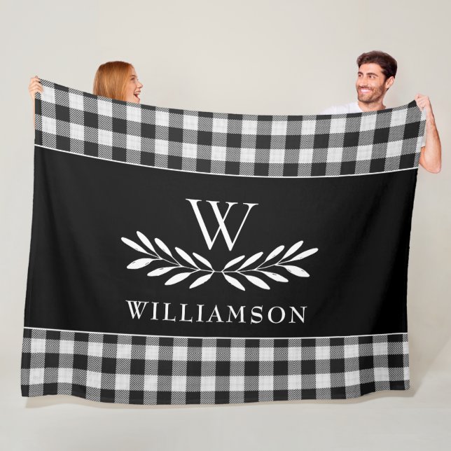 Modern Farmhouse Monogram Black White Plaid  Fleece Blanket (In Situ)