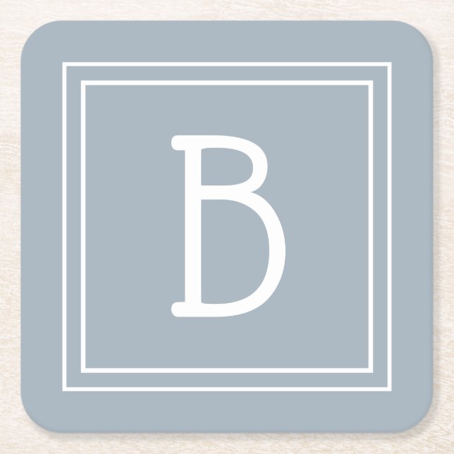 Modern Farmhouse Monogrammed Blue & White Initial Square Paper Coaster (Front)
