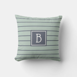 Modern Farmhouse Monogrammed Green & Blue Striped Cushion