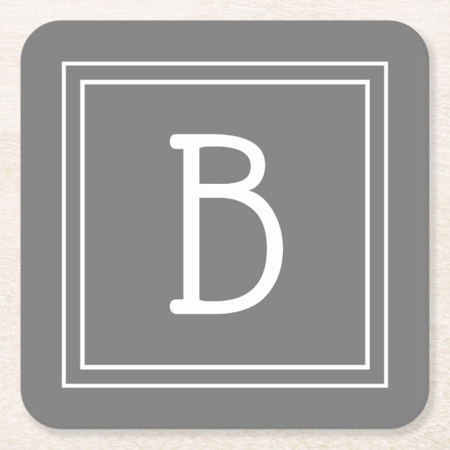Modern Farmhouse Monogrammed Grey & White Initial Square Paper Coaster (Front)