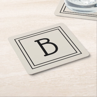 Modern Farmhouse Monogrammed Tan & Black Initial Square Paper Coaster