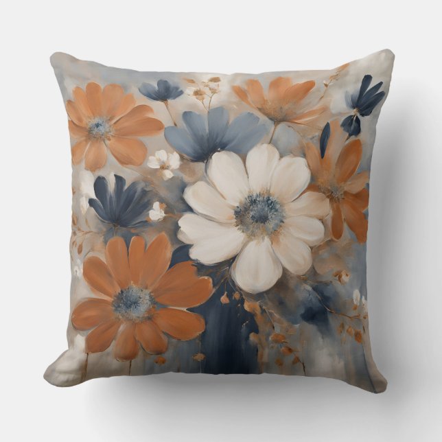 Modern Farmhouse Navy Blue Orange Floral Cushion (Front)