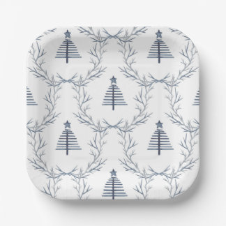 Modern Farmhouse Navy Blue Pattern Christmas Paper Plate