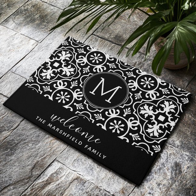 Modern Farmhouse Pattern Family Welcome Black Doormat (Custom Welcome Mat)