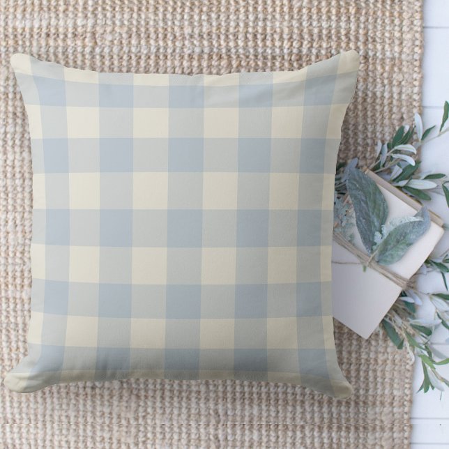 Modern Farmhouse Powder Blue Buffalo Plaid  Cushion (Modern farmhouse throw pillow powder blue and beige buffalo plaid couch pillow )