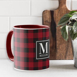 Modern Farmhouse Red Buffalo Check Monogrammed Mug
