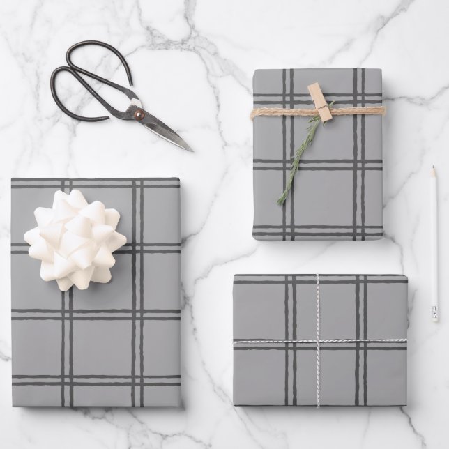 Modern Farmhouse Rustic Grey Plaid Lines Wrapping Paper Sheet (Front)