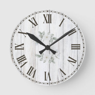 Modern Farmhouse Rustic Wood Floral Family Name  Round Clock