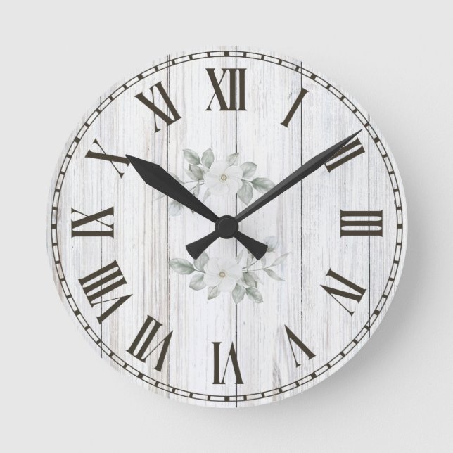 Modern Farmhouse Rustic Wood Floral Family Name  Round Clock (Front)