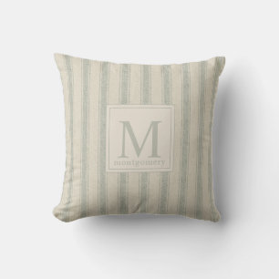 Modern Farmhouse Ticking Monogram Sage Green Cushion