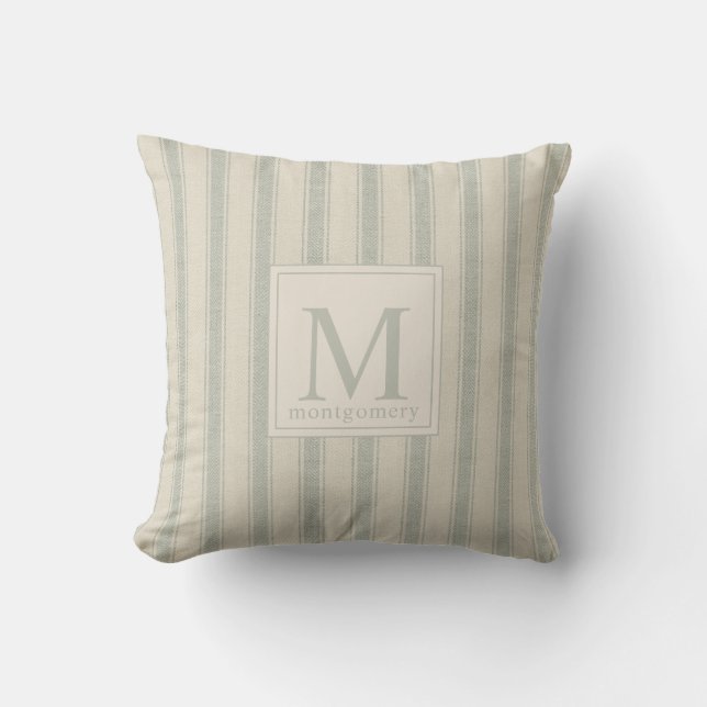 Modern Farmhouse Ticking Monogram Sage Green  Cushion (Front)