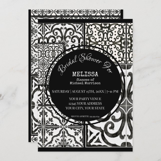Modern Farmhouse Tile Black White Bridal Shower Invitation (Front/Back)