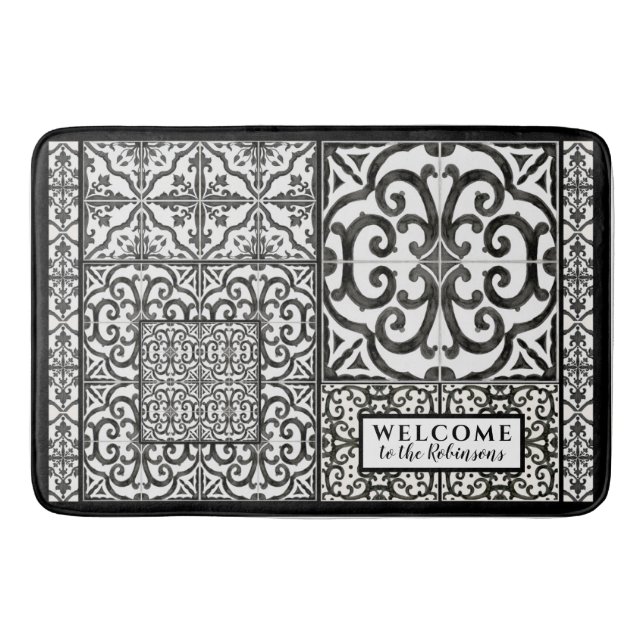 Modern Farmhouse Welcome Black and White Family Bath Mat (Front)