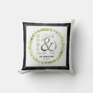 Modern Farmhouse Wreath Ampersand Home Family Name Cushion
