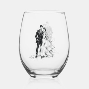 Modern Fashion Charcoal Sketch Couple Wedding Stemless Wine Glass