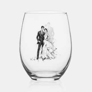 Modern Fashion Charcoal Sketch Couple Wedding Stemless Wine Glass