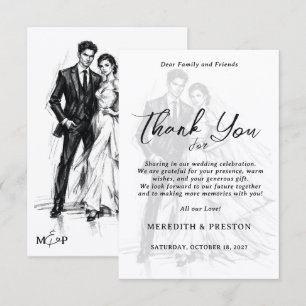 Modern Fashion Charcoal Sketch Couple Wedding Thank You Card
