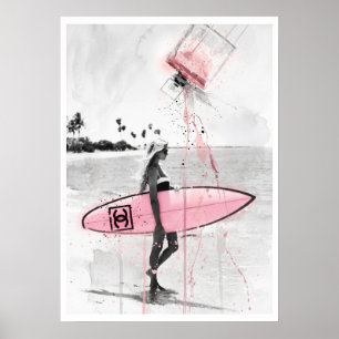 Modern Fashion Collage: Surfer on the Beach with R Poster