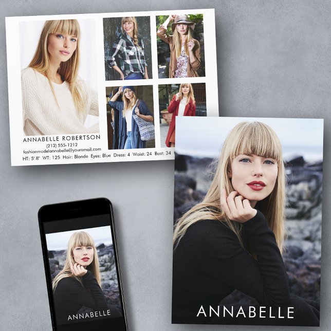 Modern Fashion Modelling 6 Photos Model Comp Card (Customize to change background color, text size or text style. Available for prints and download.)