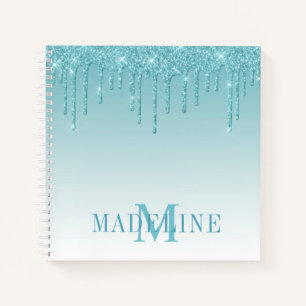 Modern Fashionable Aqua Glitter Monogram Notebook