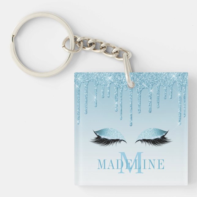 Modern Fashionable Blue Glitter Lashes Monogram Key Ring (Front)