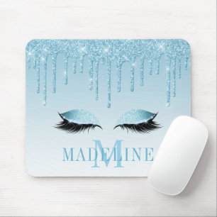 Modern Fashionable Blue Glitter Lashes Monogram Mouse Pad