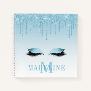 Modern Fashionable Blue Glitter Lashes Monogram Notebook