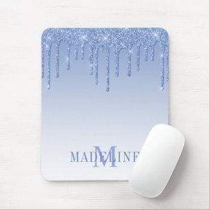 Modern Fashionable Dusty Blue Monogram Glitter Mouse Pad