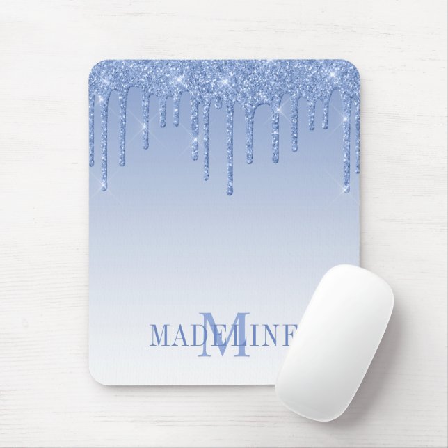 Modern Fashionable Dusty Blue Monogram Glitter Mouse Pad (With Mouse)