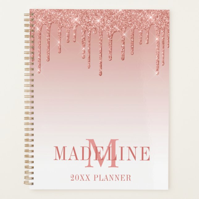 Modern Fashionable Glitter Rose Gold Monogram Planner (Front)