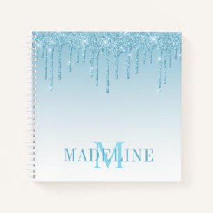 Modern Fashionable Light Blue Glitter Monogram Notebook