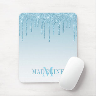 Modern Fashionable Light Blue Monogram Glitter Mouse Pad