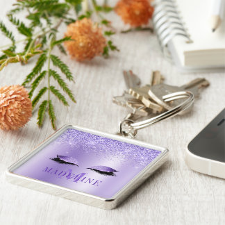 Modern Fashionable Monogram Glitter Lashes Purple Key Ring