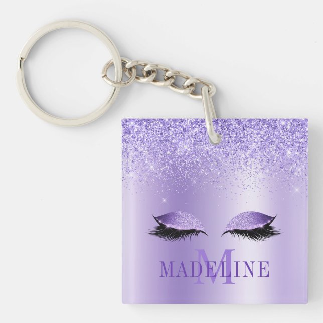Modern Fashionable Monogram Purple Glitter Lashes Key Ring (Front)