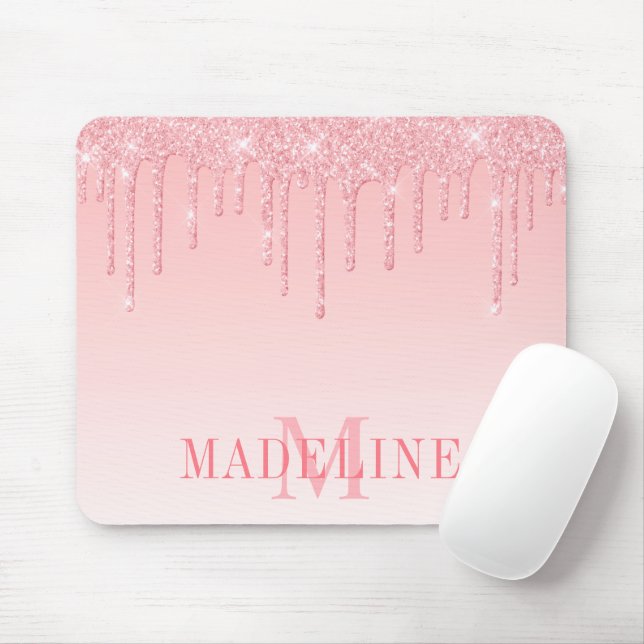 Modern Fashionable Pink Blush Glitter Monogram Mouse Pad (With Mouse)