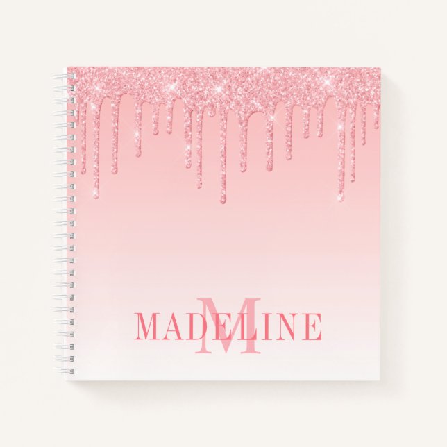 Modern Fashionable Pink Blush Glitter Monogram Notebook (Front)