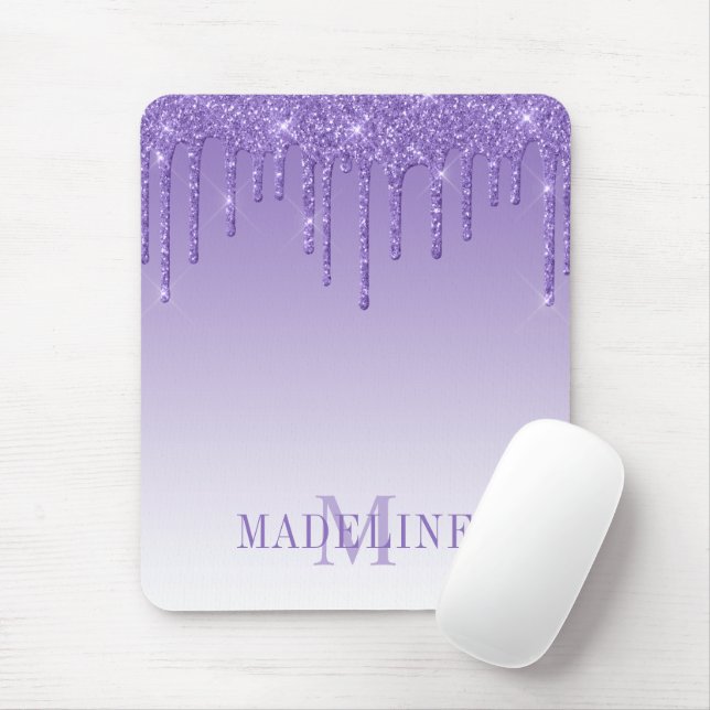 Modern Fashionable Purple Glitter Drip Monogram Mouse Pad (With Mouse)