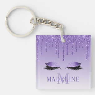 Modern Fashionable Purple Glitter Lashes Monogram Key Ring